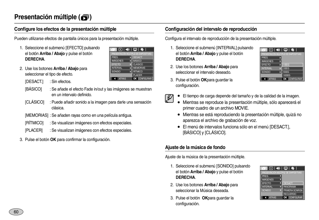 Samsung EC-L100ZSFB/E1 manual Conﬁgure los efectos de la presentación múltiple, Conﬁguración del intervalo de reproducción 