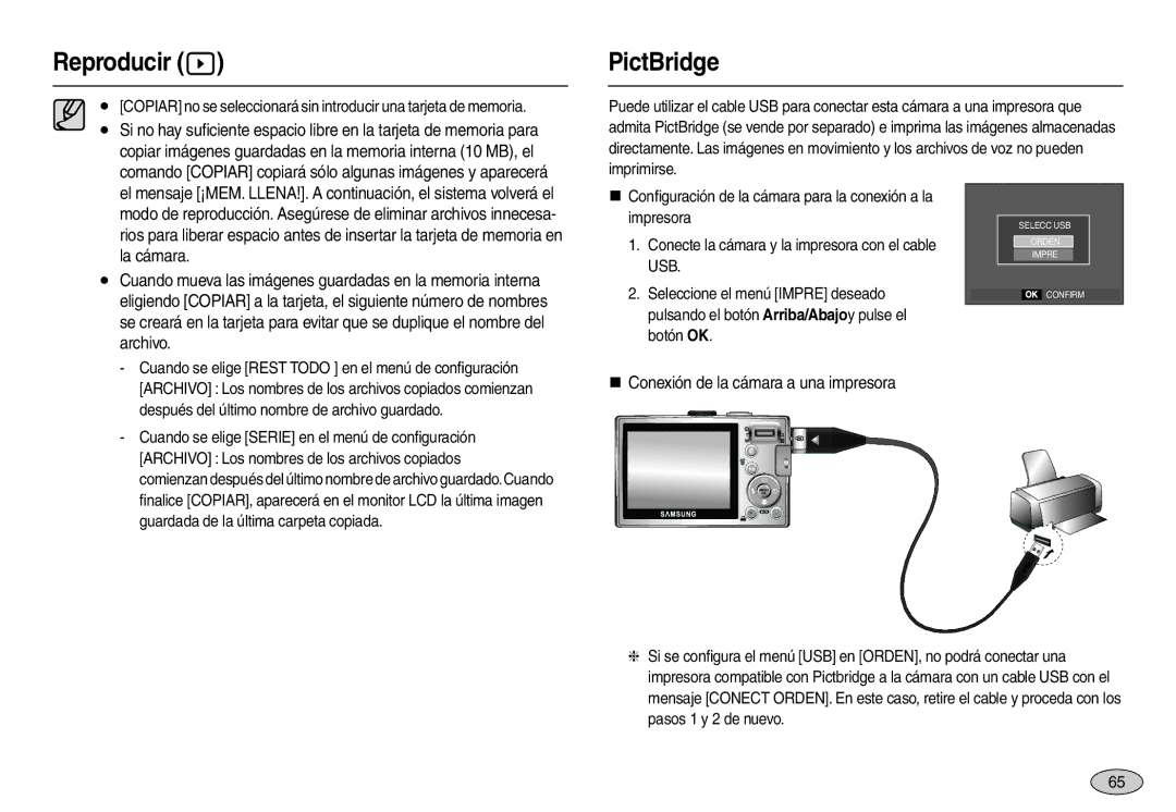 Samsung EC-L100ZSDA/E3, EC-L100ZUDA/E3, EC-L100ZBDA/E3 manual PictBridge, Archivo, „ Conexión de la cámara a una impresora 