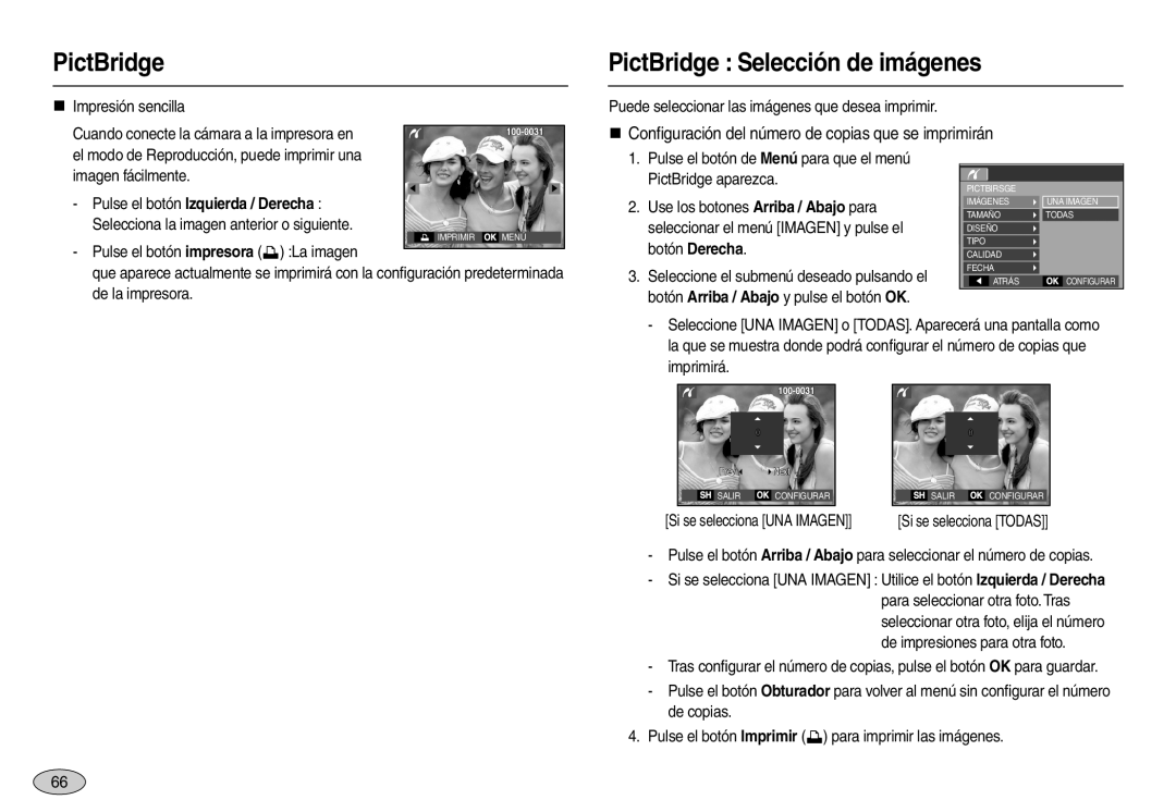 Samsung EC-L100ZRDA/E3 manual PictBridge Selección de imágenes, „ Conﬁguración del número de copias que se imprimirán 