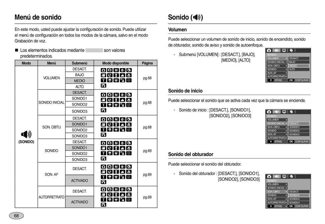 Samsung EC-L100ZPBB/E1, EC-L100ZUDA/E3 manual Menú de sonido, Sonido , Volumen, Sonido de inicio, Sonido del obturador 