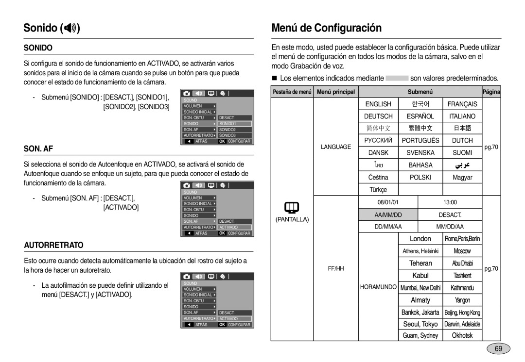 Samsung EC-L100ZBBB/E1, EC-L100ZUDA/E3, EC-L100ZBDA/E3, EC-L100ZSDA/E3 Menú de Conﬁguración, Sonido, Son. Af, Autorretrato 