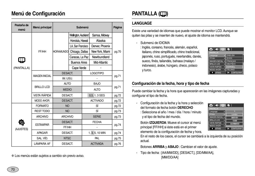 Samsung EC-L100ZSBA/E1, EC-L100ZUDA/E3, EC-L100ZBDA/E3, EC-L100ZSDA/E3, EC-L100ZRDA/E3, EC-L100ZPDA/E3 manual Pantalla, Language 