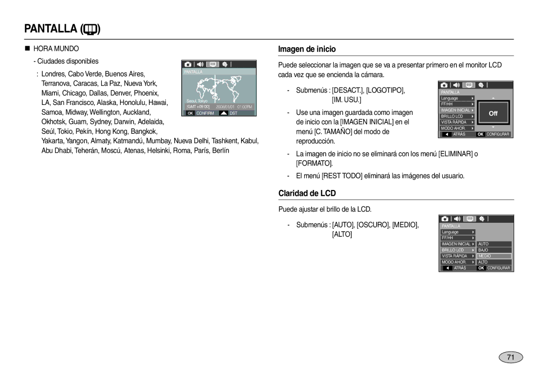 Samsung EC-L100ZUBA/E1, EC-L100ZUDA/E3, EC-L100ZBDA/E3, EC-L100ZSDA/E3 manual Imagen de inicio, Claridad de LCD, „ Hora Mundo 