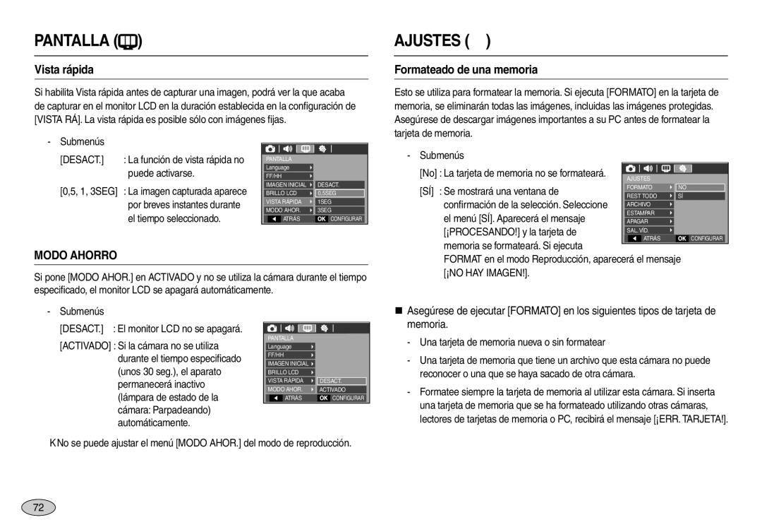 Samsung EC-L100ZBBA/E1, EC-L100ZUDA/E3 manual Vista rápida, Formateado de una memoria, Modo Ahorro, Desact, ¡NO HAY Imagen 