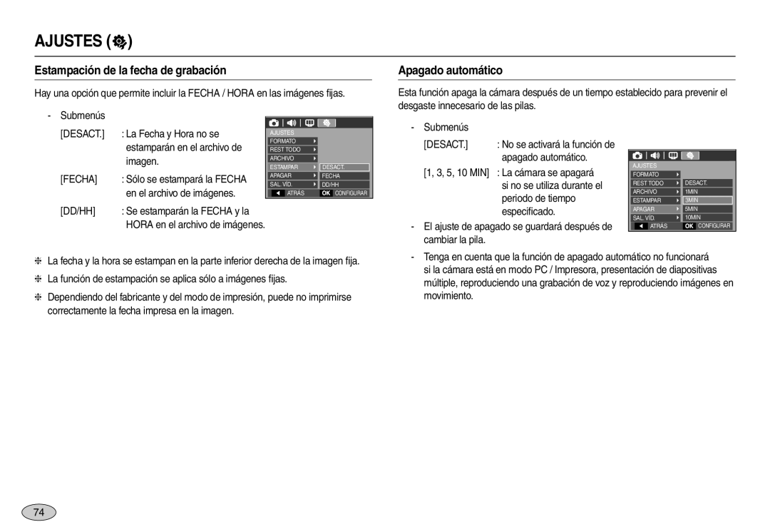 Samsung EC-L100ZUBB/E1, EC-L100ZUDA/E3, EC-L100ZBDA/E3 manual Estampación de la fecha de grabación, Apagado automático, Dd/Hh 