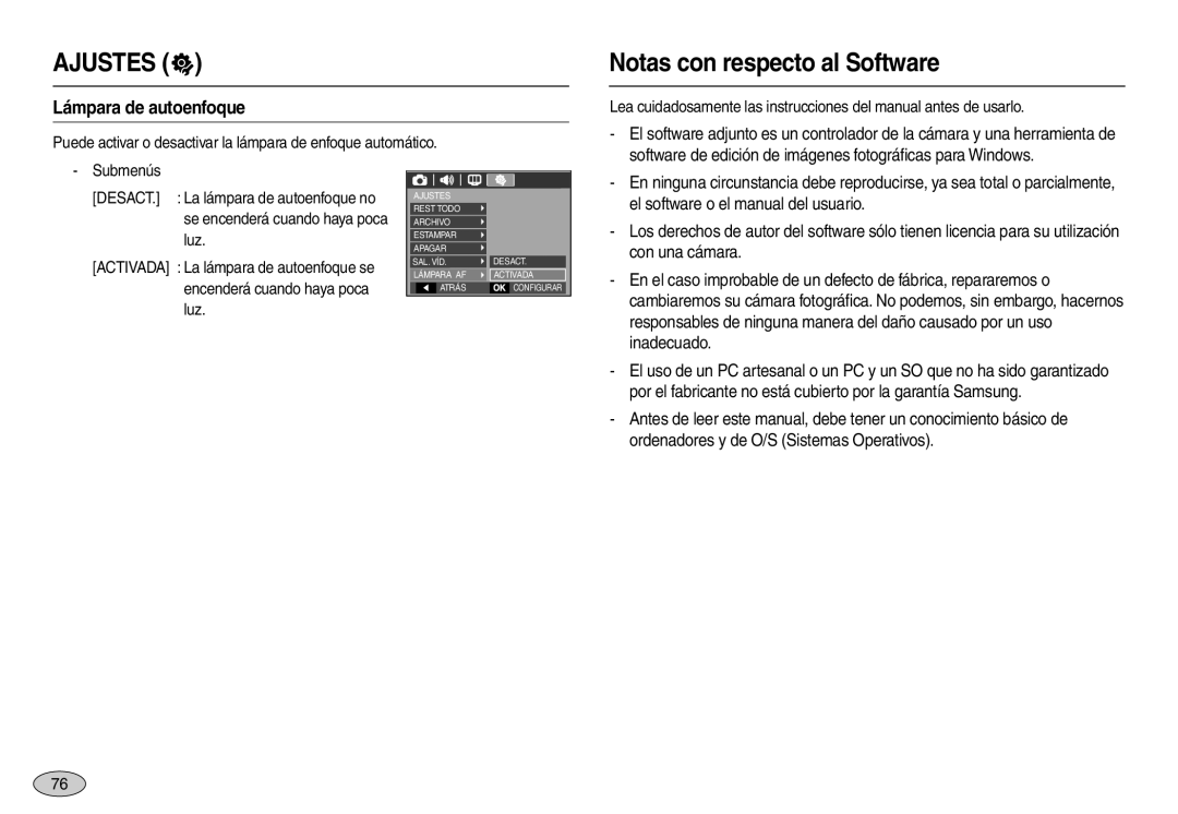 Samsung EC-L100ZPBC/E1, EC-L100ZUDA/E3, EC-L100ZBDA/E3 manual Notas con respecto al Software, Lámpara de autoenfoque 