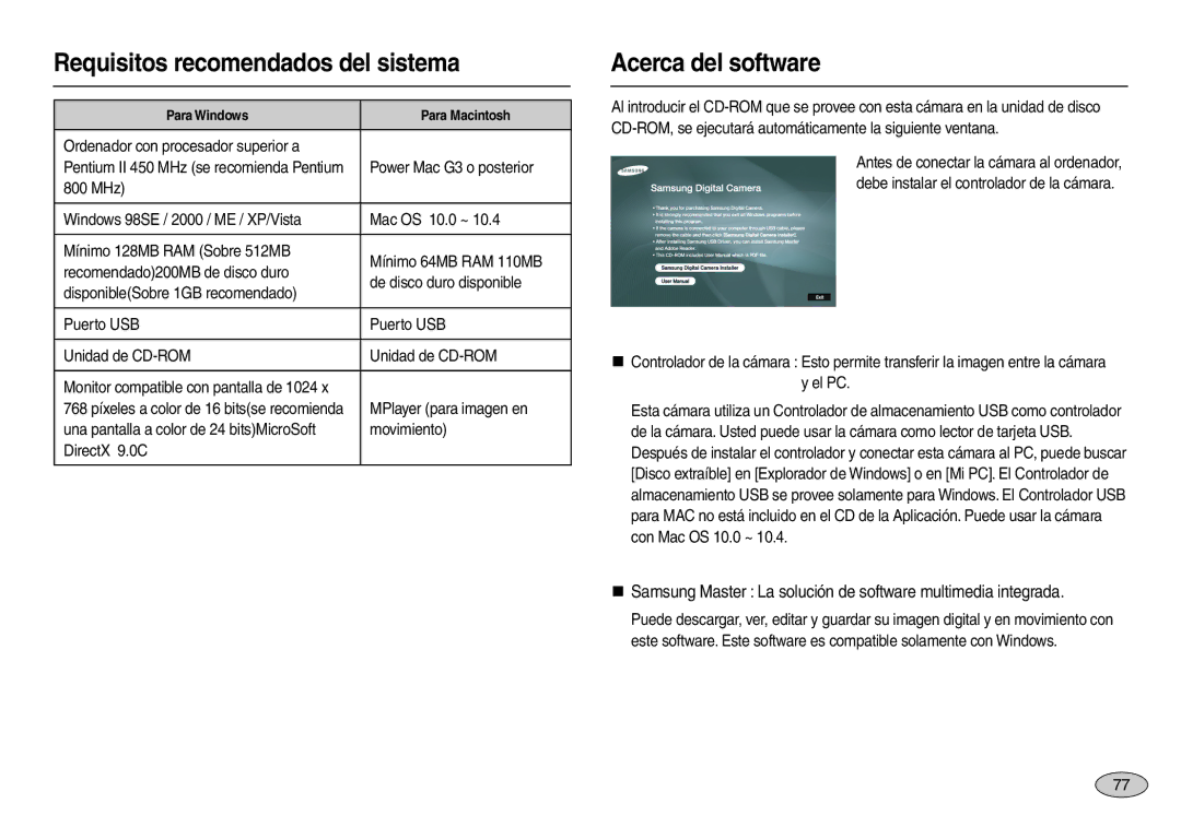 Samsung EC-L100ZRBB/E1, EC-L100ZUDA/E3, EC-L100ZBDA/E3 manual Requisitos recomendados del sistema, Acerca del software 