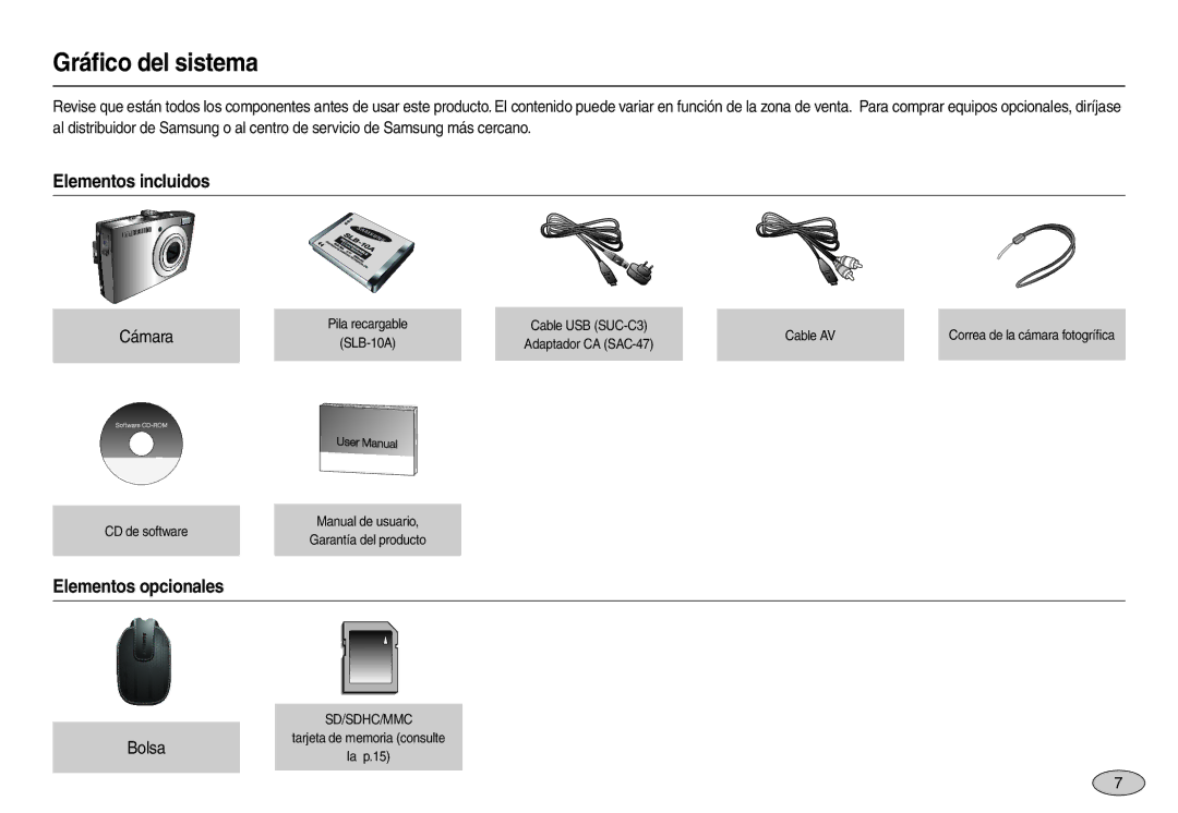 Samsung EC-L100ZUBA/E1, EC-L100ZUDA/E3 manual Gráﬁco del sistema, Elementos incluidos, Elementos opcionales, Cámara, Bolsa 