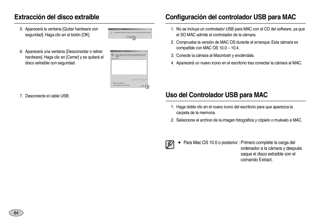 Samsung EC-L100ZSBA/GB, EC-L100ZUDA/E3 manual Conﬁguración del controlador USB para MAC, Uso del Controlador USB para MAC 