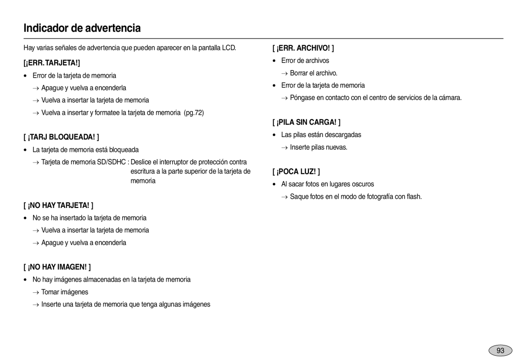 Samsung EC-L100ZSBA/AS, EC-L100ZUDA/E3, EC-L100ZBDA/E3, EC-L100ZSDA/E3 manual Indicador de advertencia, ¡ERR. Tarjeta 