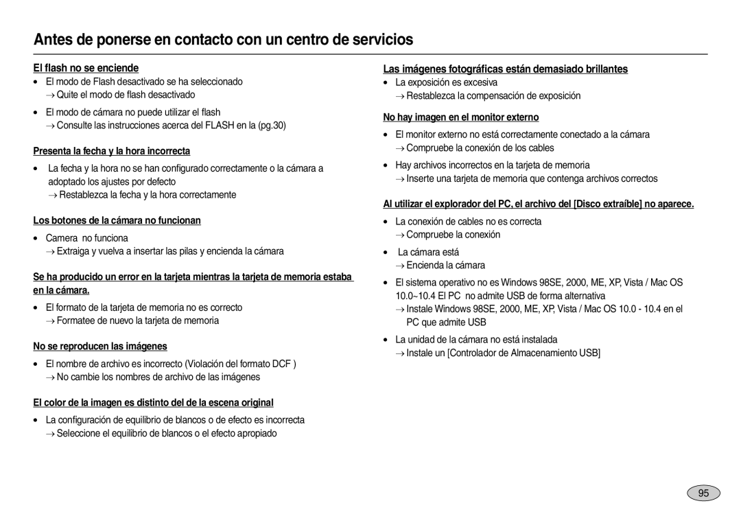 Samsung EC-L100ZUDA/E3, EC-L100ZBDA/E3 manual Presenta la fecha y la hora incorrecta, Los botones de la cámara no funcionan 