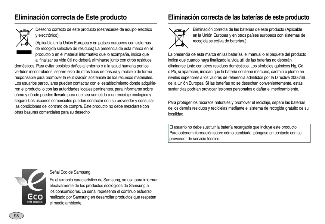 Samsung EC-L100ZRDA/E3 manual Eliminación correcta de Este producto, Eliminación correcta de las baterías de este producto 