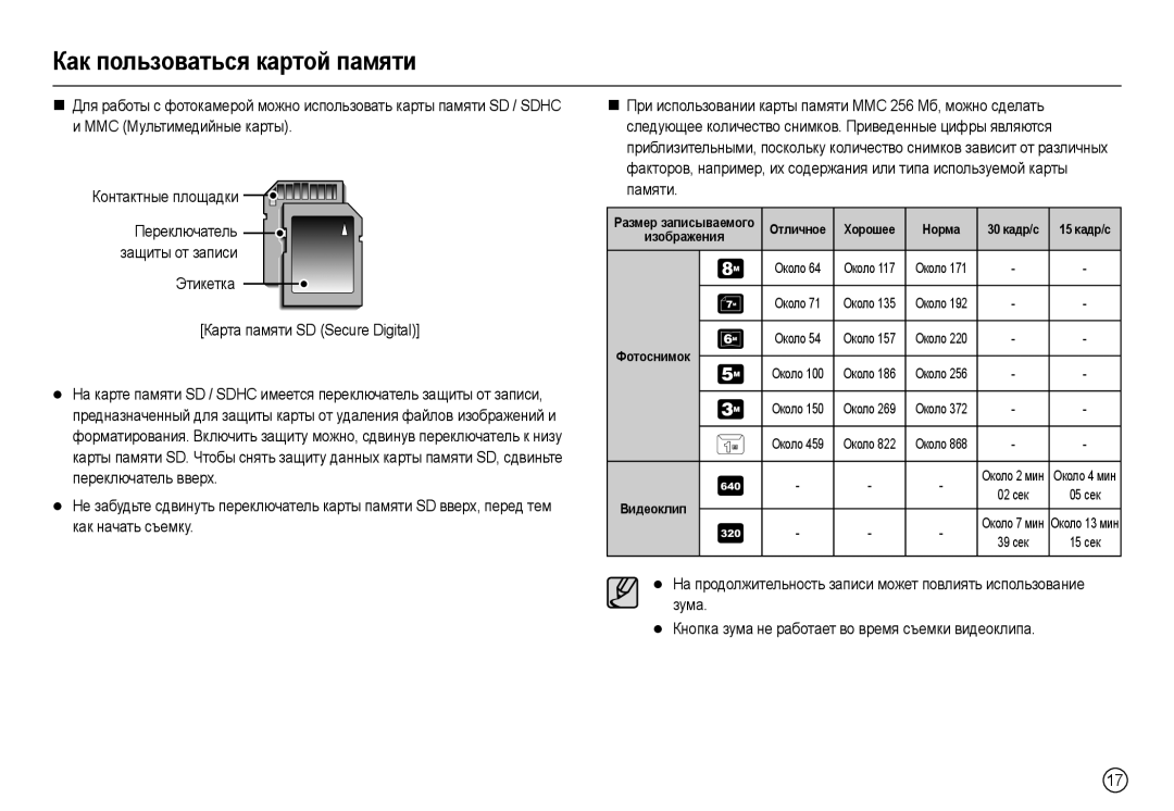 Samsung EC-L100ZUBA/E1, EC-L100ZUDA/E3 manual Этикетка Карта памяти SD Secure Digital, Хорошее Норма 30 кадр/с 15 кадр/с 