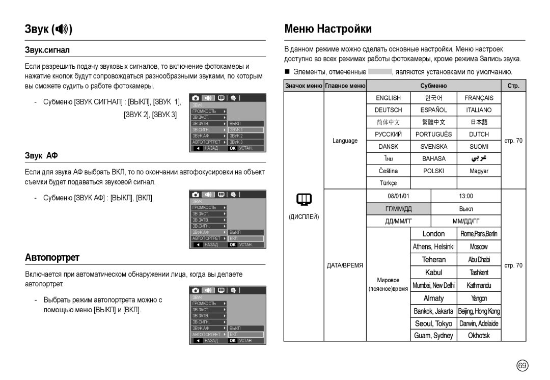 Samsung EC-L100ZUDA/AS, EC-L100ZUDA/E3, EC-L100ZBDA/E3, EC-L100ZUBA/E2 manual Звук.сигнал, Звук АФ, Значок меню Главное меню 