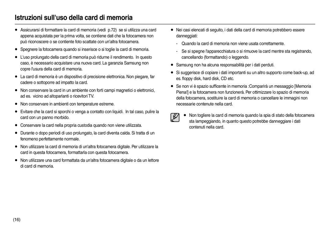 Samsung EC-L100ZSFB/IT, EC-L100ZUDA/E3, EC-L100ZBDA/E3, EC-L100ZUBA/E2 manual Istruzioni sulluso della card di memoria 