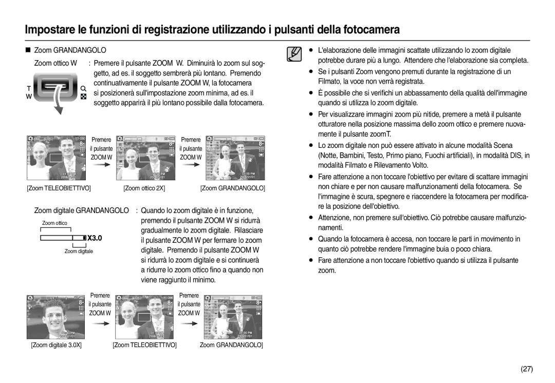 Samsung EC-L100ZPBC/E1 Filmato, la voce non verrà registrata, Quando si utilizza lo zoom digitale, Mente il pulsante zoomT 