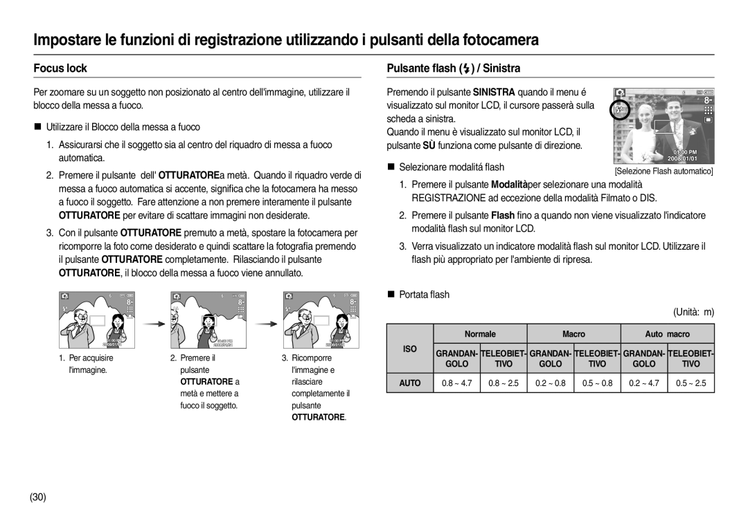 Samsung EC-L100ZRBB/E1 manual Focus lock, Pulsante ﬂash  / Sinistra, Unità m, Otturatore a, Normale Macro Auto macro 