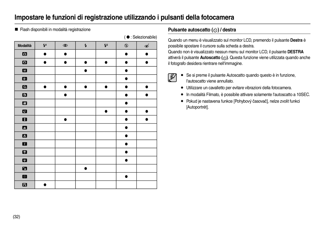 Samsung EC-L100ZSBA/IT manual Pulsante autoscatto  / destra, „ Flash disponibili in modalità registrazione Selezionabile 