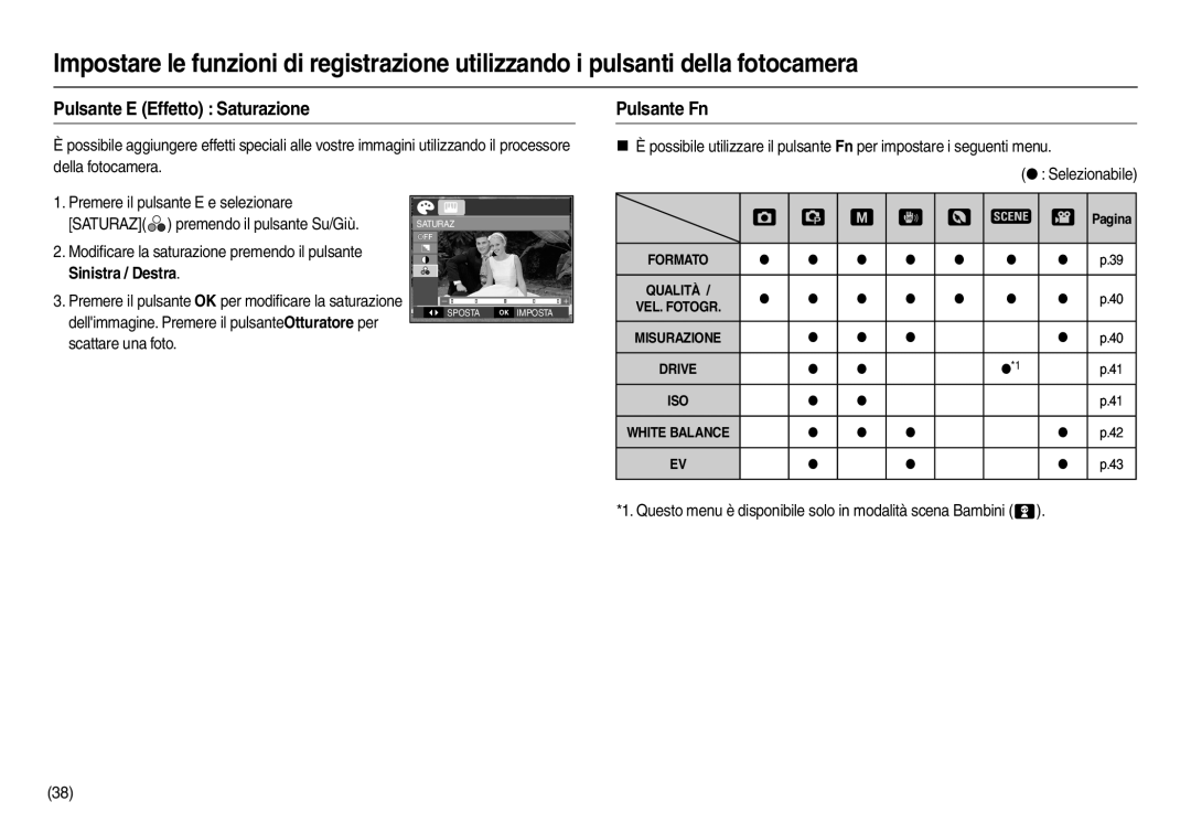 Samsung EC-L100ZUBA/E2, EC-L100ZUDA/E3, EC-L100ZBDA/E3, EC-L100ZSBA/E2 manual Pulsante E Effetto Saturazione, Pulsante Fn 