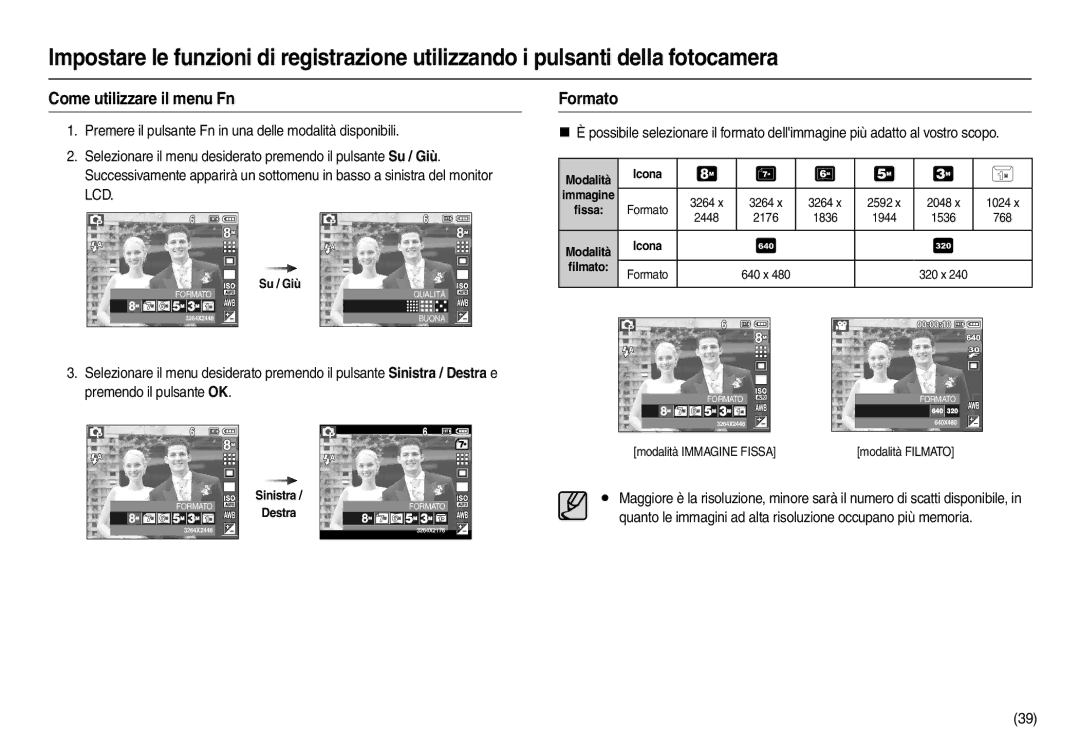 Samsung EC-L100ZSBA/E2, EC-L100ZUDA/E3 Come utilizzare il menu Fn, Formato, Modalità Icona Immagine, Modalità Icona ﬁlmato 