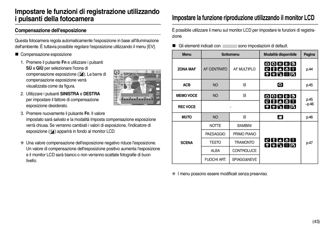 Samsung EC-L100ZRBA/E2, EC-L100ZUDA/E3 manual Compensazione dellesposizione, Menu possono essere modiﬁcati senza preavviso 