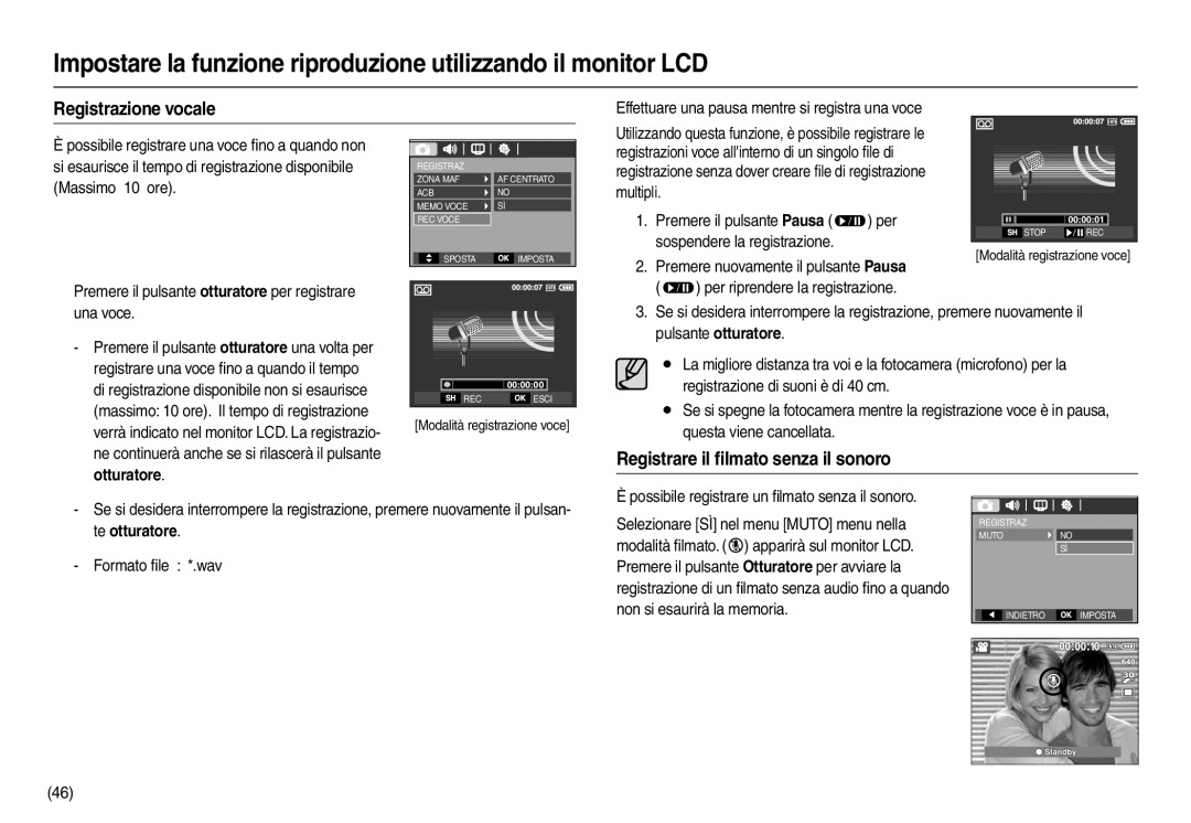 Samsung EC-L100ZBBA/E2, EC-L100ZUDA/E3, EC-L100ZBDA/E3 manual Registrazione vocale, Registrare il ﬁlmato senza il sonoro 