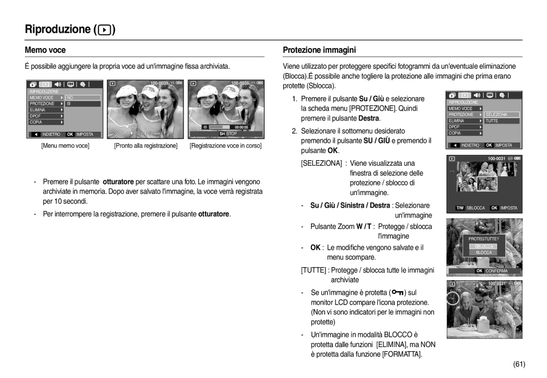 Samsung EC-L100ZUFB/IT manual Riproduzione , Memo voce, Protezione immagini, Su / Giù / Sinistra / Destra Selezionare 