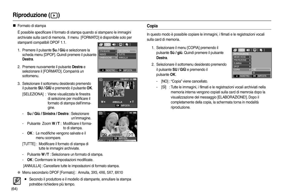 Samsung EC-L100ZPBC/E1 manual Copia, Scheda menu DPOF. Quindi premere il pulsante, Destra, Formato di stampa dellimma, Gine 