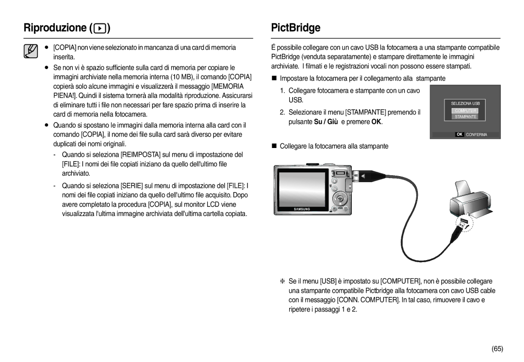 Samsung EC-L100ZPBA/IT manual PictBridge, Usb, Selezionare il menu Stampante premendo il, Pulsante Su / Giù e premere OK 