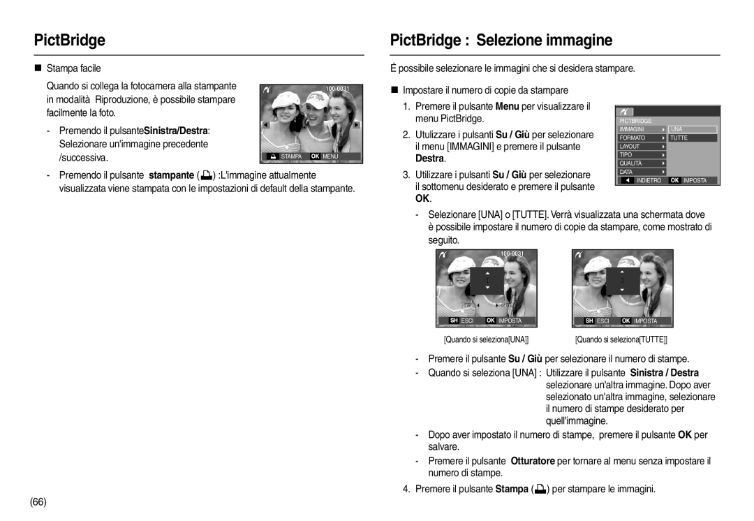 Samsung EC-L100ZBFB/IT, EC-L100ZUDA/E3, EC-L100ZBDA/E3, EC-L100ZUBA/E2 manual PictBridge PictBridge Selezione immagine 