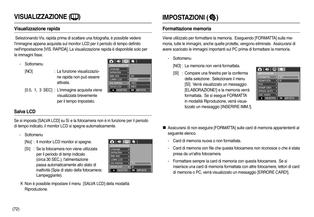 Samsung EC-L100ZBBA/IT, EC-L100ZUDA/E3, EC-L100ZBDA/E3 manual Visualizzazione rapida, Formattazione memoria, Salva LCD 