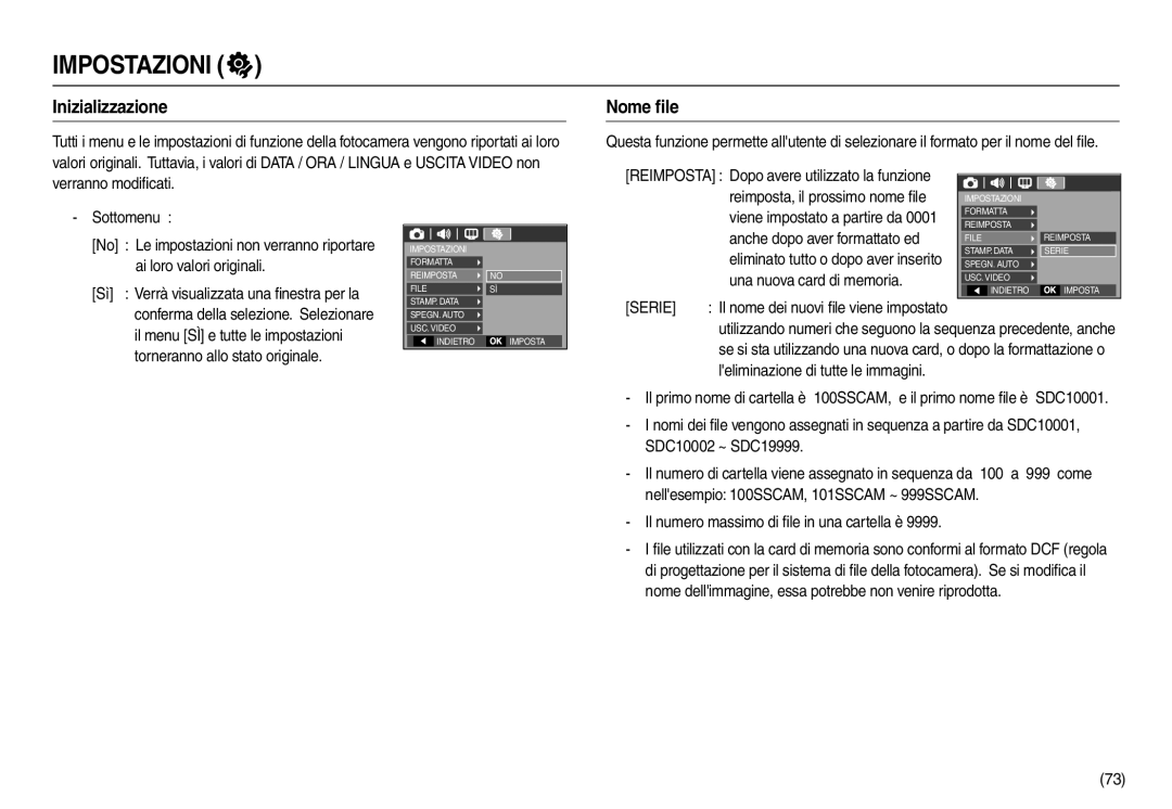 Samsung EC-L100ZUDA/E3, EC-L100ZBDA/E3 manual Inizializzazione, Nome ﬁle, Serie, Il nome dei nuovi ﬁle viene impostato 