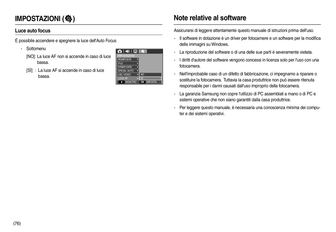 Samsung EC-L100ZSBA/E2 manual Luce auto focus, Bassa, SÌ La luce AF si accende in caso di luce, Ter e dei sistemi operativi 