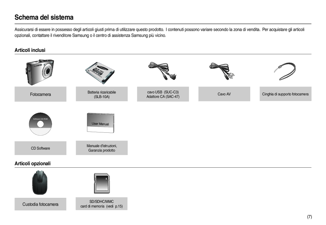 Samsung EC-L100ZPDA/E3 manual Schema del sistema, Articoli inclusi, Articoli opzionali, Fotocamera, Custodia fotocamera 