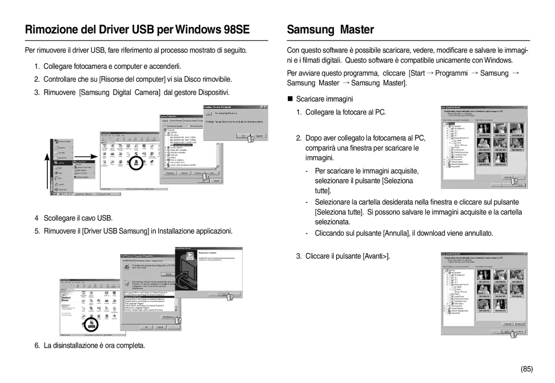 Samsung EC-L100ZPBB/E1, EC-L100ZUDA/E3, EC-L100ZBDA/E3 manual Rimozione del Driver USB per Windows 98SE, Samsung Master 