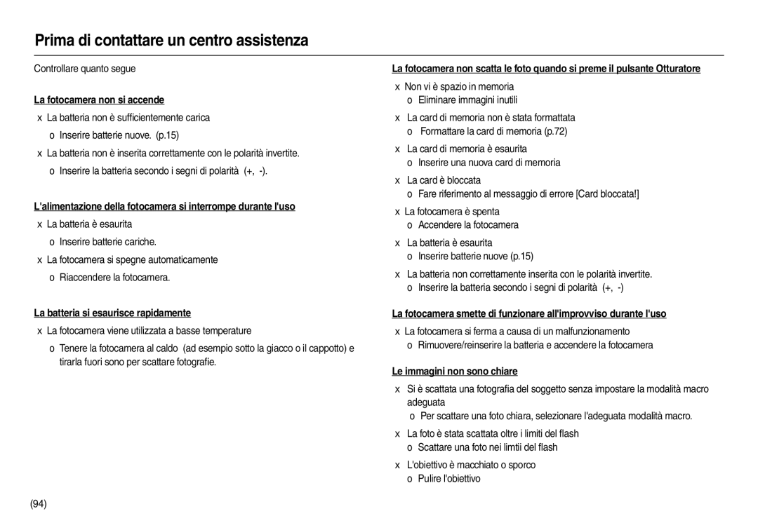 Samsung EC-L100ZBBA/E1 Prima di contattare un centro assistenza, La fotocamera non si accende, Le immagini non sono chiare 