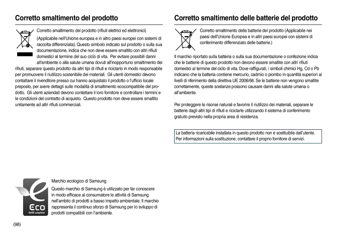 Samsung EC-L100ZUFB/IT, EC-L100ZUDA/E3 Corretto smaltimento del prodotto, Corretto smaltimento delle batterie del prodotto 