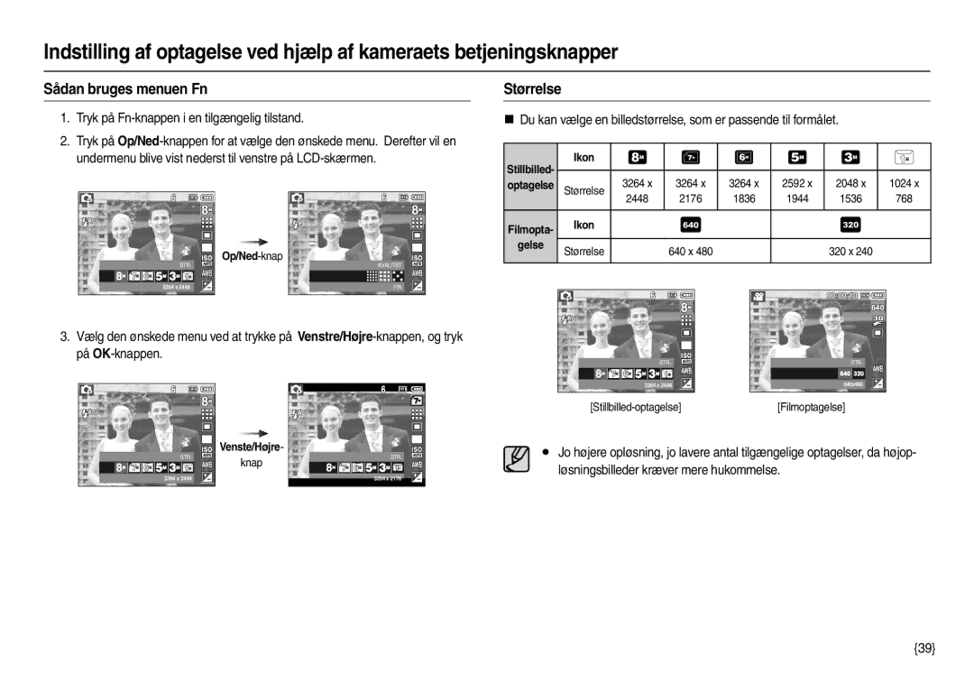 Samsung EC-L100ZBDA/E3 Sådan bruges menuen Fn, Størrelse, Tryk på Fn-knappen i en tilgængelig tilstand, Op/Ned-knap, Gelse 