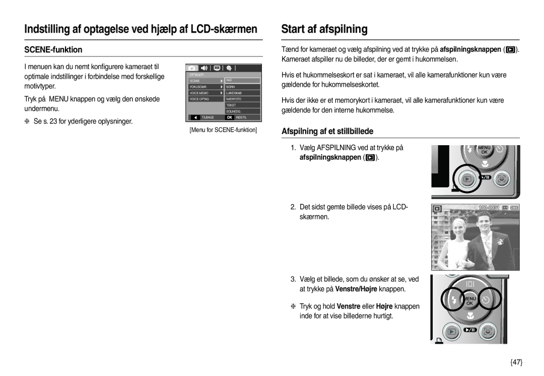 Samsung EC-L100ZBBA/E2, EC-L100ZUDA/E3, EC-L100ZBDA/E3 Start af afspilning, SCENE-funktion, Afspilning af et stillbillede 