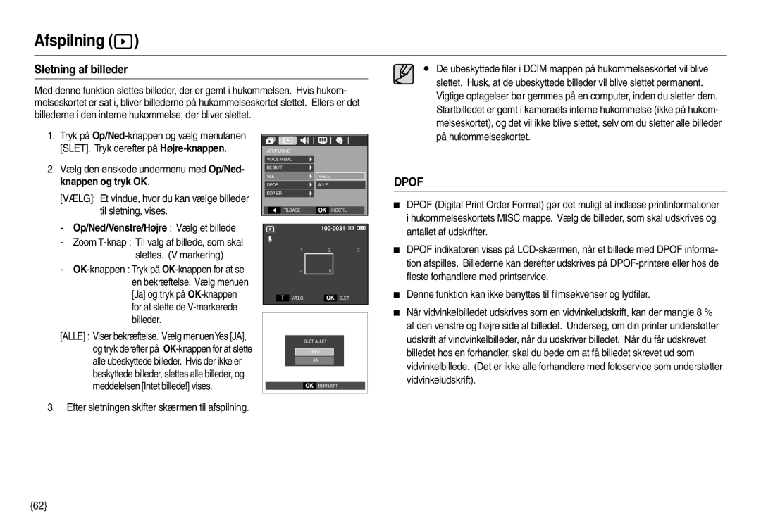 Samsung EC-L100ZRFA/E2, EC-L100ZUDA/E3, EC-L100ZBDA/E3, EC-L100ZUBA/E2 manual Sletning af billeder, Knappen og tryk OK 