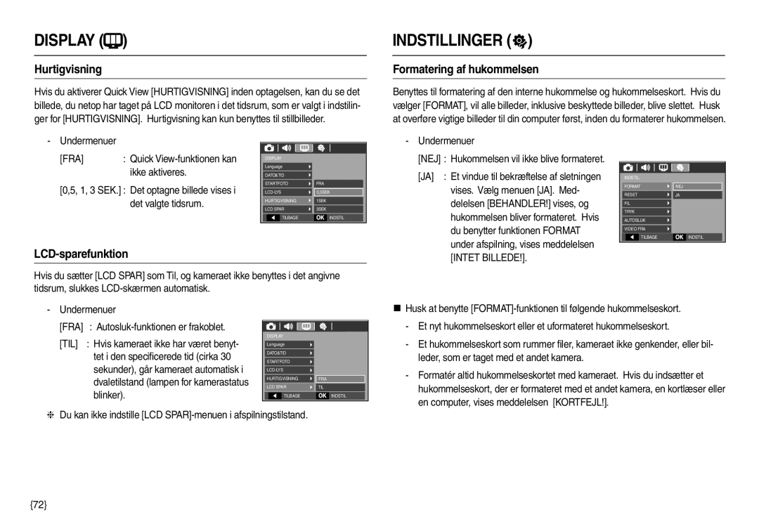 Samsung EC-L100ZPBA/E2, EC-L100ZUDA/E3, EC-L100ZBDA/E3 manual Hurtigvisning, Formatering af hukommelsen, LCD-sparefunktion 