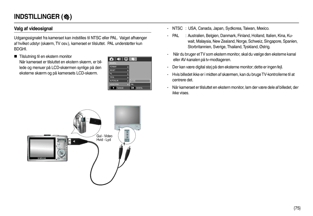 Samsung EC-L100ZRFA/E2, EC-L100ZUDA/E3, EC-L100ZBDA/E3 Valg af videosignal, USA, Canada, Japan, Sydkorea, Taiwan, Mexico 