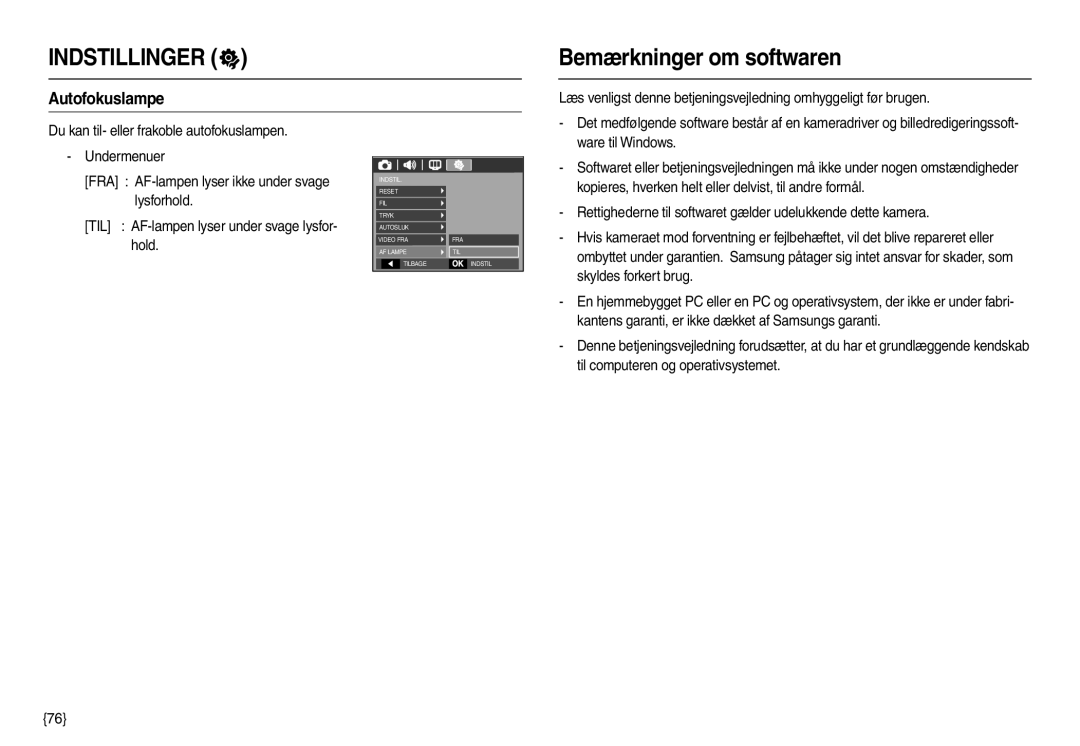 Samsung EC-L100ZBFA/E2, EC-L100ZUDA/E3, EC-L100ZBDA/E3, EC-L100ZUBA/E2 manual Bemærkninger om softwaren, Autofokuslampe 