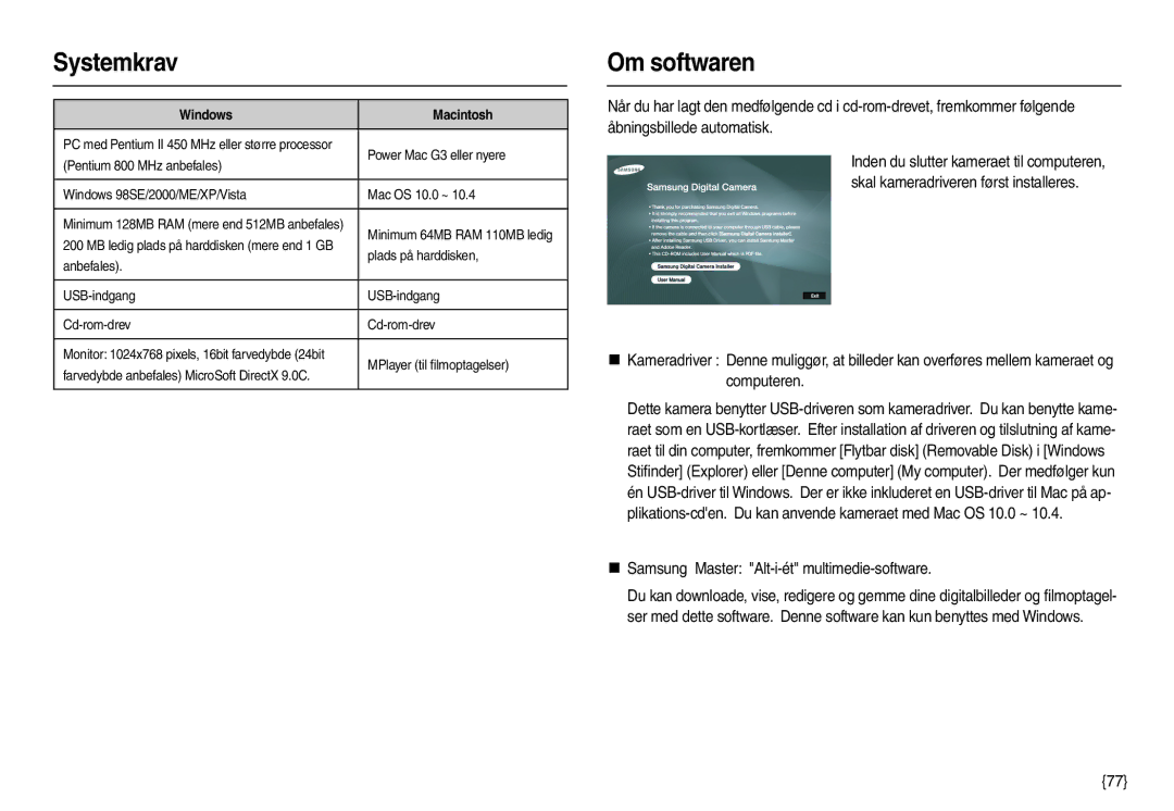 Samsung EC-L100ZUDA/E3 manual Systemkrav, Om softwaren, „ Samsung Master Alt-i-ét multimedie-software, Windows Macintosh 