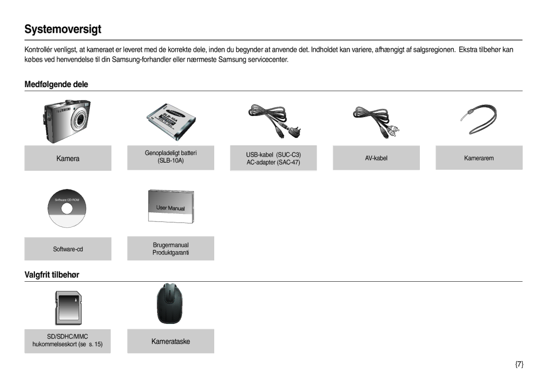 Samsung EC-L100ZPBA/E2, EC-L100ZUDA/E3, EC-L100ZBDA/E3 Systemoversigt, Medfølgende dele, Valgfrit tilbehør, Kamerataske 