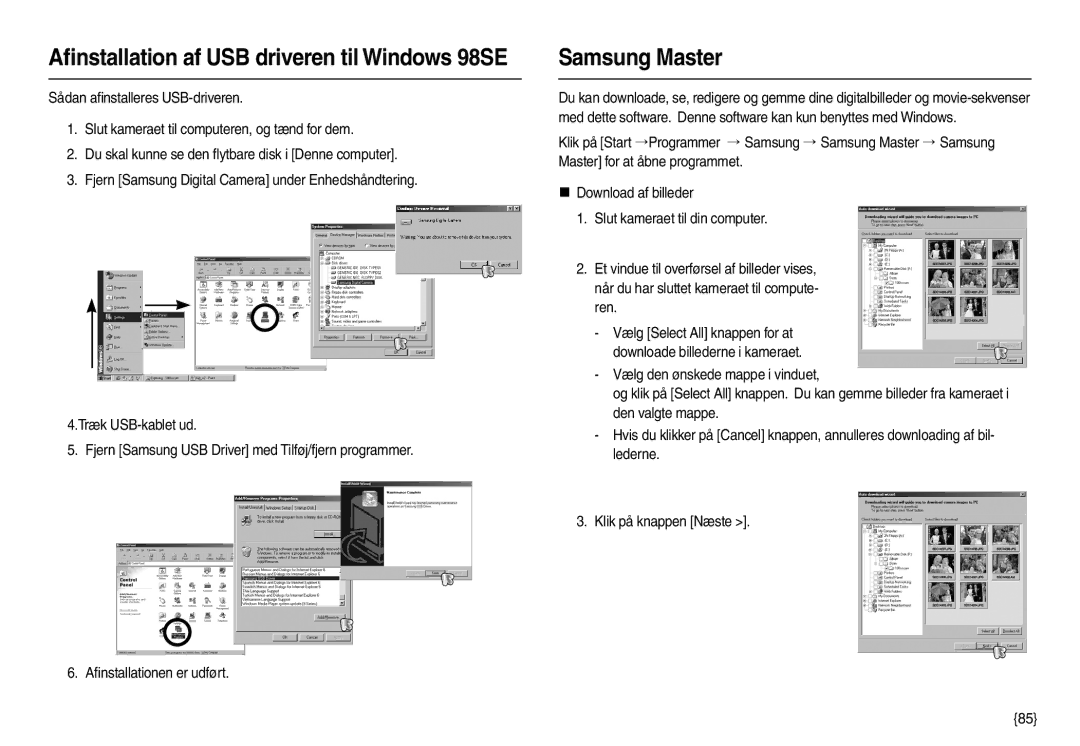 Samsung EC-L100ZPBA/E2, EC-L100ZUDA/E3, EC-L100ZBDA/E3 manual Samsung Master, Aﬁnstallation af USB driveren til Windows 98SE 