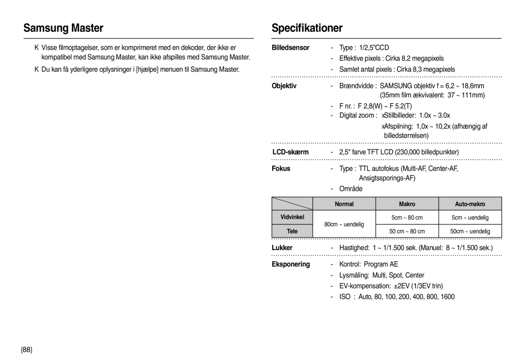 Samsung EC-L100ZRFA/E2, EC-L100ZUDA/E3, EC-L100ZBDA/E3 Samsung Master Speciﬁkationer, Objektiv, LCD-skærm, Fokus, Lukker 