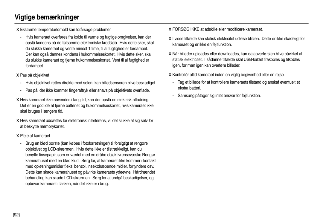 Samsung EC-L100ZUBA/E2, EC-L100ZUDA/E3 manual Ekstreme temperaturforhold kan forårsage problemer, Pas på objektivet 