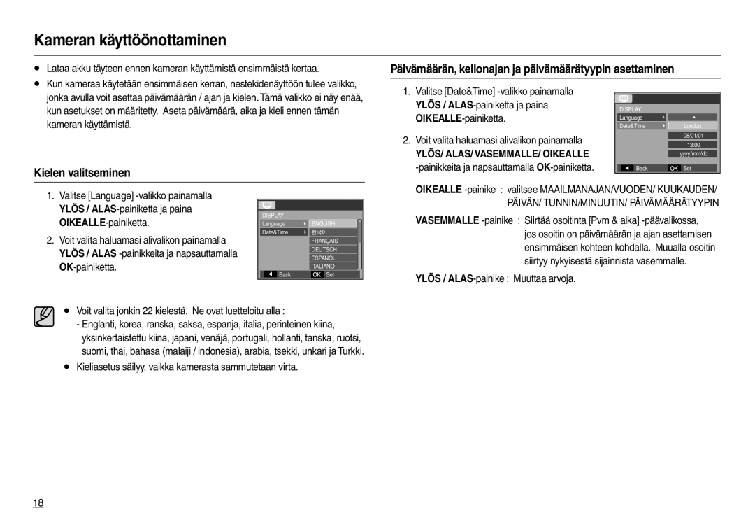 Samsung EC-L100ZRBA/E2, EC-L100ZUDA/E3 Kameran käyttöönottaminen, Päivämäärän, kellonajan ja päivämäärätyypin asettaminen 