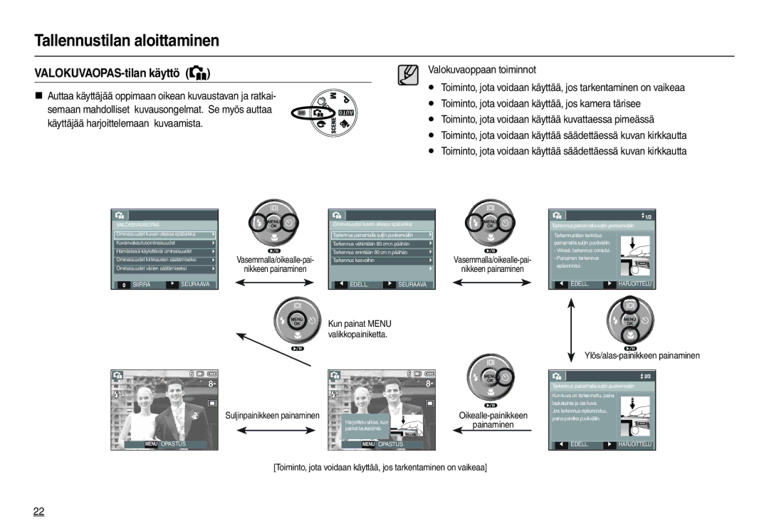 Samsung EC-L100ZSFA/E2, EC-L100ZUDA/E3, EC-L100ZBDA/E3, EC-L100ZUBA/E2 manual VALOKUVAOPAS-tilan käyttö, Valokuvausopas 